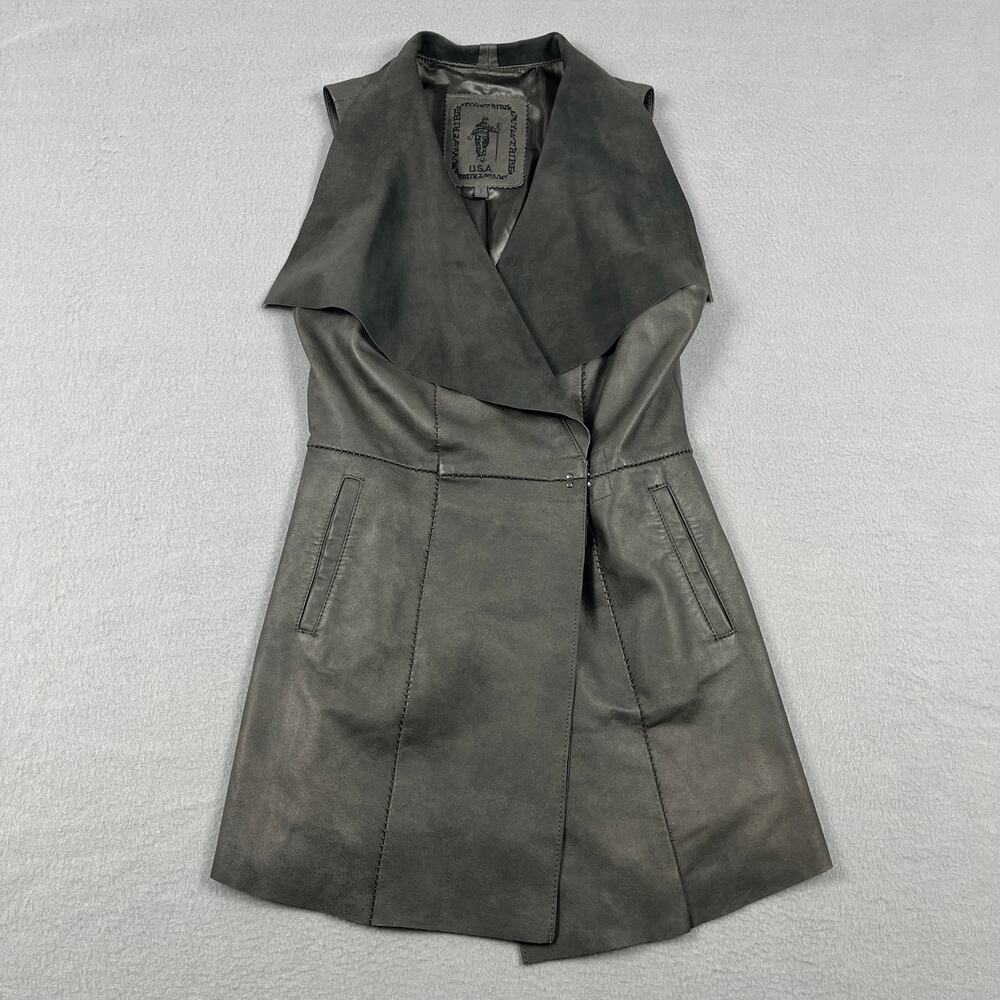 My Tribe Gray Genuine Leather Drape Neck Waterfall Vest Jacket Pockets Women's S